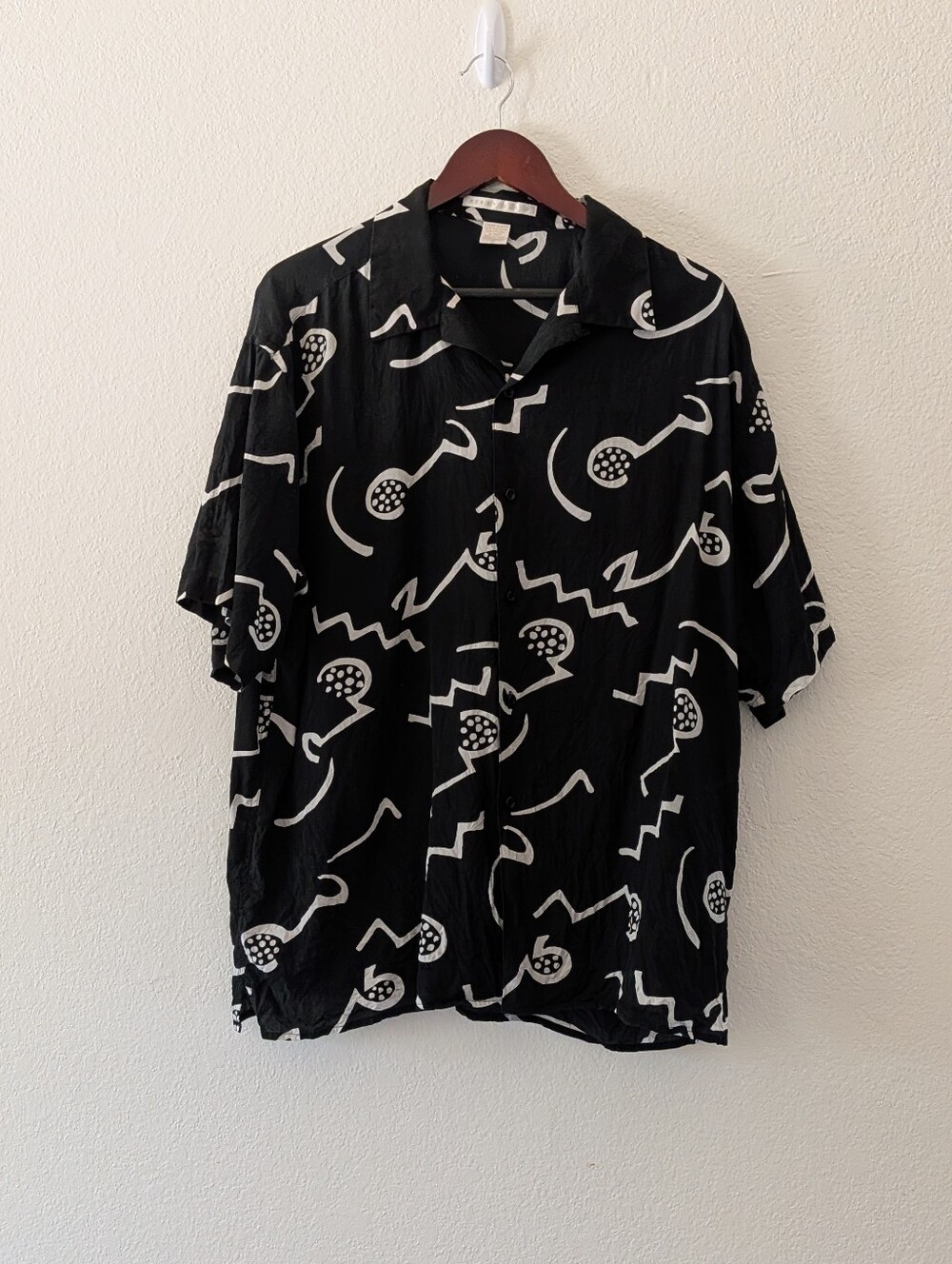 Perry Ellis Silk Cotton Retro Short Sleeve Shirt Button Up Men's Black Size XL